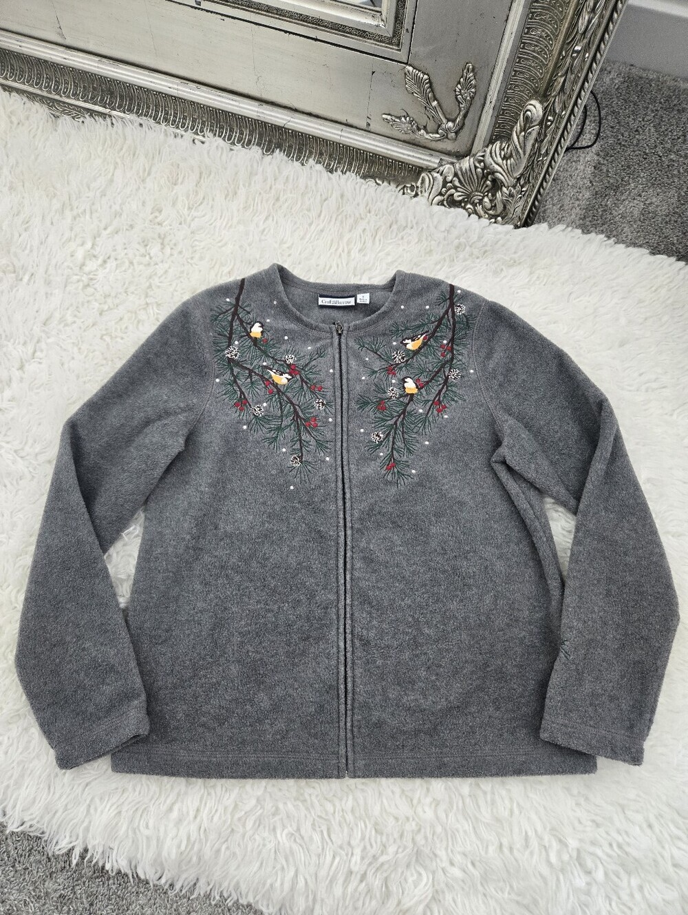 Croft & Barrow Embroidered Winter Birds Full-Zip Fleece Jacket. Size small.